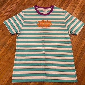 Nickelodeon turquoise/white horizontal stripe short sleeve men’s tee shirt